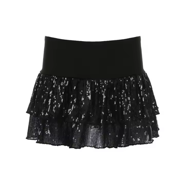 BUNO-falda escalonada de lentejuelas para mujer, falda acampanada de estilo gótico negro Y2K, ropa para discoteca, minifalda elegante Vintage para fiesta de verano - 1