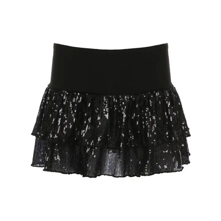 BUNO-falda escalonada de lentejuelas para mujer, falda acampanada de estilo gótico negro Y2K, ropa para discoteca, minifalda elegante Vintage para fiesta de verano - 1