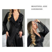 Camisón de satén con lentejuelas y manga larga con cuello en V para mujer - details 7