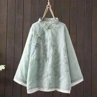 Algodón en mujer blusa estilo bordado wer patrón nudo botón cuello alto A e camisa china - details 8