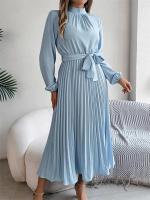 Vestido plisado elegante con cuello levantado y manga larga y cintura cerrada para mujer, vestido largo de Otoño Invierno - details 33
