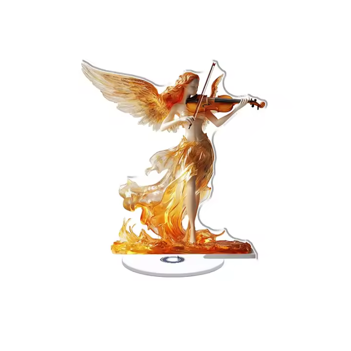 Escultura acrílica giratoria de un ángel de fuego con violín de oro fundido y alas humeantes sobre un fondo blanco brillante con colores vivos y detalles intrincados. - 1