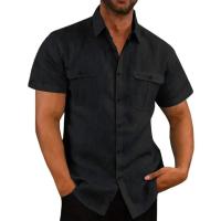 Camisas de manga corta de lino y algodón para hombre, camiseta informal de Color sólido con cuello vuelto, camisas transpirables de verano, novedad de 2025 - details 5