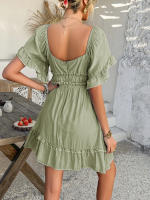 2025 primavera y verano estilo de vacaciones de ocio europeo y americano color sólido borde de hongo vestido de manga corta falda corta para mujer - details 13