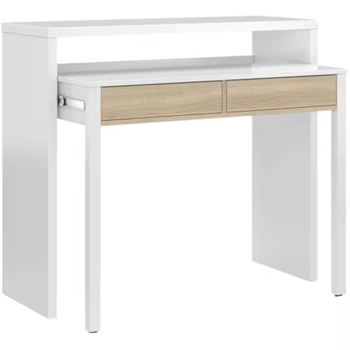 Mesa Escritorio Extensible, Mesa Estudio, Consola, Color Blanco Artik y Roble Canadiense, Medidas: 98,5 cm (Largo) x 36-70 cm (Fondo) x 87,5 cm (Alto) - 1