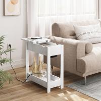 Mesita Auxiliar, Mesa de Sofá con Tablero Plegable, Compartimento Oculto y Estante de Almacenaje, Mesita Estrecha con Enchufe y Puertos USB, Ideal para Salón y Dormitorio, Blanco, 0001CHJ - details 3