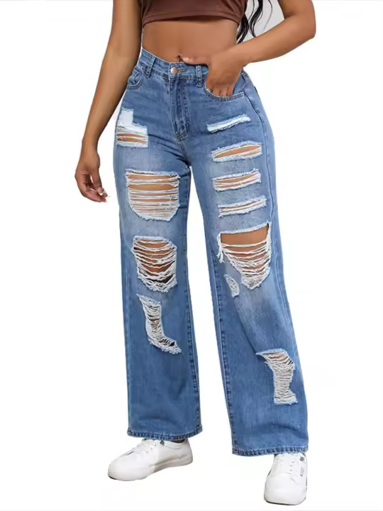 Vaqueros rasgados de cintura alta para mujer Pantalones vaqueros con piernas rectas y bolsillos - 1