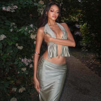 BUNO-Conjunto de faldas con espalda descubierta para Mujer, traje de playa elegante con cuello Halter y falda larga lisa, 2025 - details 9