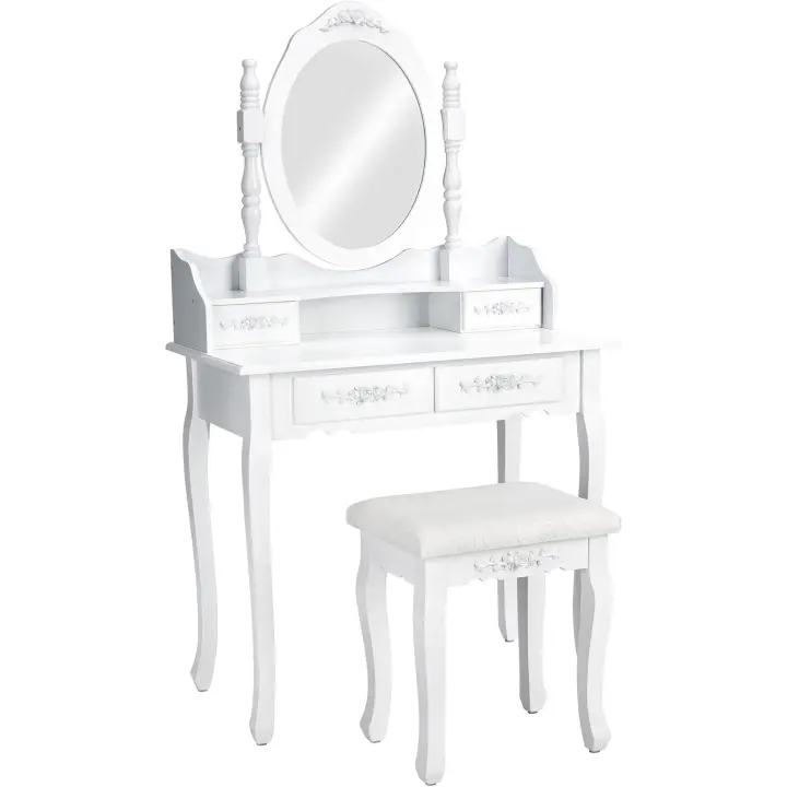 Elegante Mueble de Visteño Vintage Espejo Giratorio, Taburete Acolchado, 4 Cajones - 1