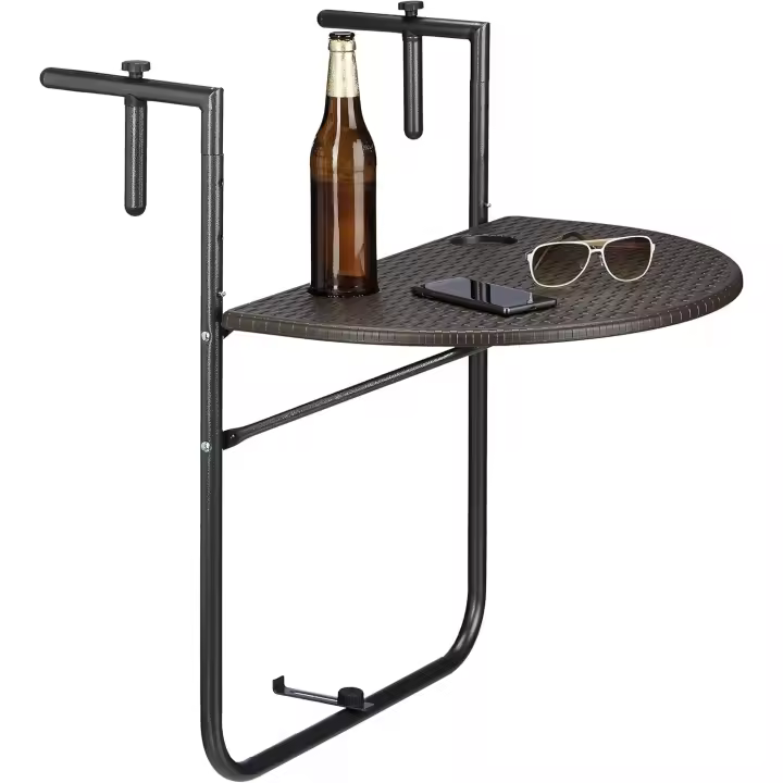 Mesa Plegable Colgante para Balcón Bastian, 3 Alturas, Mesa de Ratán, Tablero de 60x40cm, Barandilla, Marrón - 1