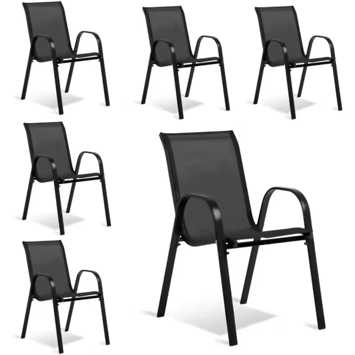 Sillas de Jardín, Lote de 6 - Sillas Apilables - Negras, de Textileno de Alta Densidad para Exterior - Cómodas y de Diseño - 1