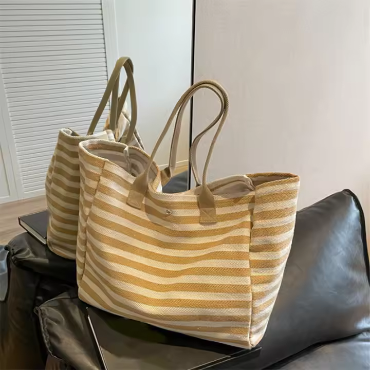 Bolsa de Lana a Rayas Grande Bolsa de Hombro Casual para Mujeres Ideal para Diarias, Estudiantes, Viajes, Bolsa de Playa Material de Lining de Poliester - 1