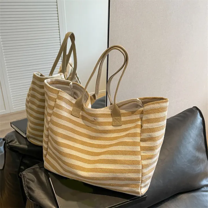 Bolsa de Lana a Rayas Grande Bolsa de Hombro Casual para Mujeres Ideal para Diarias, Estudiantes, Viajes, Bolsa de Playa Material de Lining de Poliester - 1