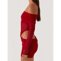 Vestido de Malla Corto con Hombros Descubiertos para Mujer Color Sólido, Ajuste en Forma de U, Manga Larga, Espalda Descubierta, Ideal para Fiestas - details 3