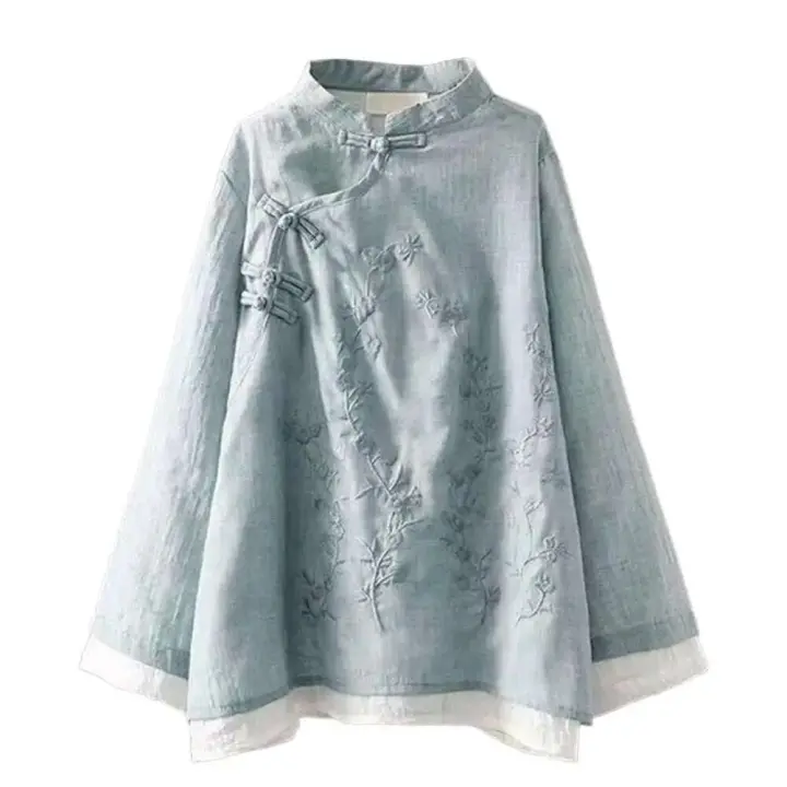 Top de primavera para mujer, camisa holgada con botones y nudo de Color sólido Vintage con patrón bordado de estilo chino, ropa para mujer - 1