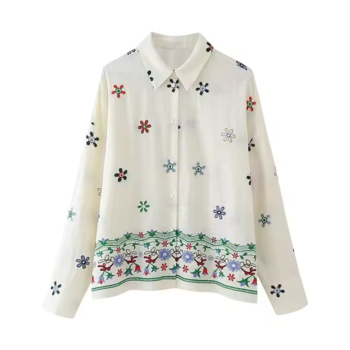 BUNO-Conjunto de camisa y pantalones con estampado bordado para mujer, camisa holgada de un solo pecho, pantalones de pierna ancha, informal, 2 piezas, verano, 2025 - 1
