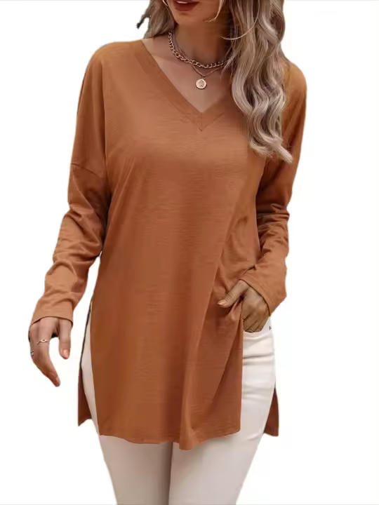 Camiseta de manga larga de color sólido con cuello en V de punto de moda coreana para mujer - 1