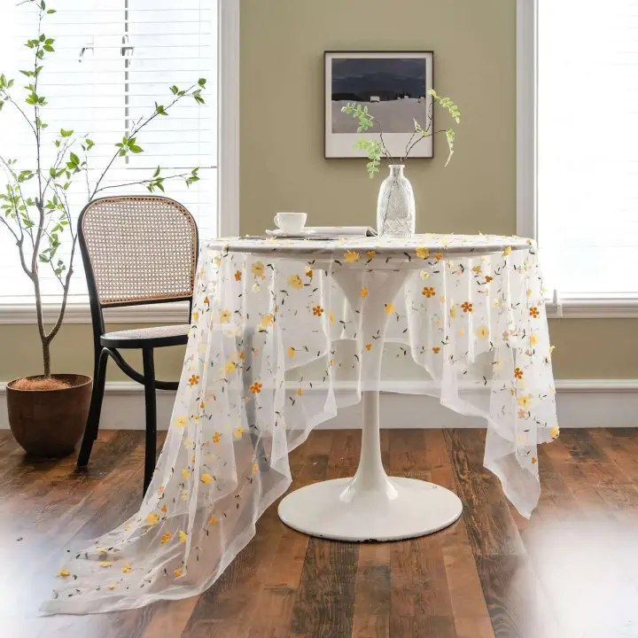 Ence Navidad transparente cubierta con colorido mantel floral rectangular blanco bordado, utilizado para suministros de fiesta en casa - 1