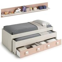 Cama Doble + 2 Cajones y Estante Modelo Nube Acabado en Blanco Alpes y Rosa Pastel - details 0