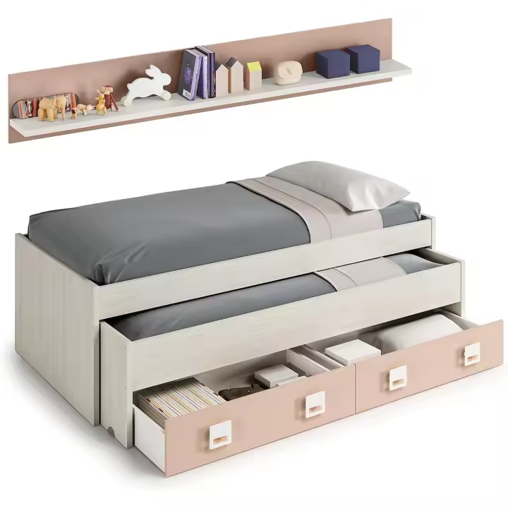 Cama Doble + 2 Cajones y Estante Modelo Nube Acabado en Blanco Alpes y Rosa Pastel - 1