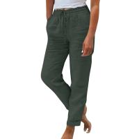 Pantalones holgados de nueve puntos de pierna ancha de algodón y lino de Color sólido con cintura elástica de verano para mujer - details 4