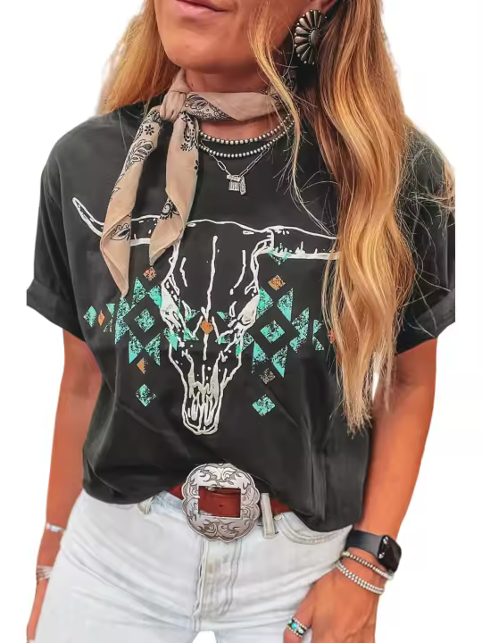 Elrachen Camiseta con estampado azteca turquesa y calavera con cabeza de toro occidental vintage para mujer, gris carbón, tallas S-XL - 1