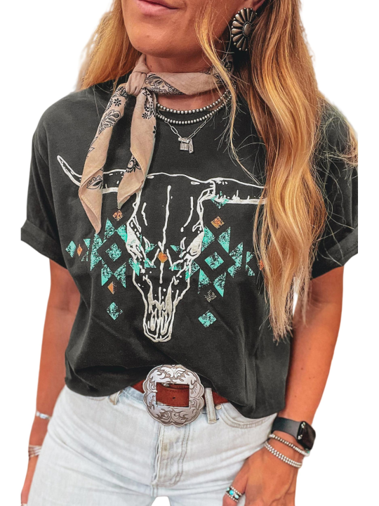 Elrachen Camiseta con estampado azteca turquesa y calavera con cabeza de toro occidental vintage para mujer, gris carbón, tallas S-XL