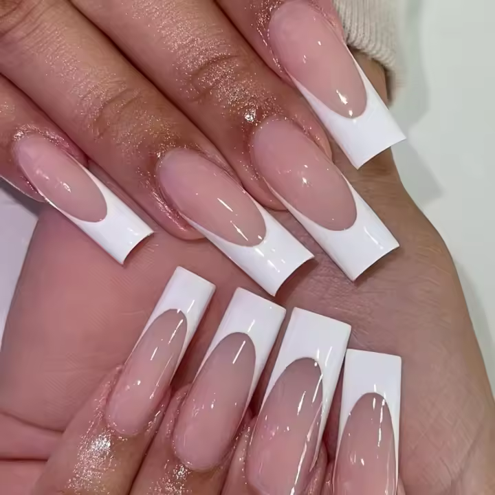 24 Uñas postizas francesas blancas rectangulares estilo explosiones en Europa y América, largas, tipo pipa, postizas para mujeres - 1