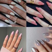 24pcs Uñas Postizas Largas Y Ovaladas En Color Puro Francés Gris Con Ojo De Gato Uñas Press on Para DIY Manicura Desmontables - details 0