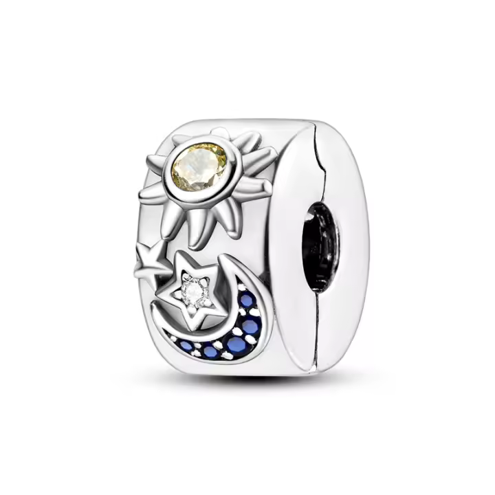 Cuentas colgantes de plata de ley 925, cuentas de abrazadera fija con sol, luna y estrellas, pulsera Original para hacer joyas, regalo del Día de San Valentín - 1