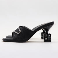 Pantuflas exteriores con diamantes de imitación, puntera cuadrada sencilla para mujer, sexys y versátiles. - details 4