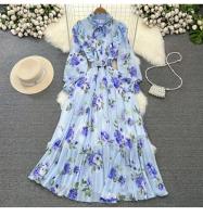 Elegante vestido midi de manga larga con corte en A y falda plisada, cintura ceñida, dobladillo de gasa, estampado floral coreano Sle Commute - details 27