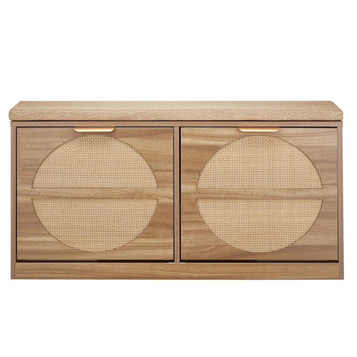 Banco para Zapatos SucceBuy para Entrada, 988.06 x 238.76 x 500.38 mm, Banco de Almacenamiento con Cajones Abatibles, Organizador de Zapatos con Capacidad para 440 lb, con Cojín, 4 Compartimentos y Puertas de Estilo Tejido, para Pasillo, Sala de Estar, Do