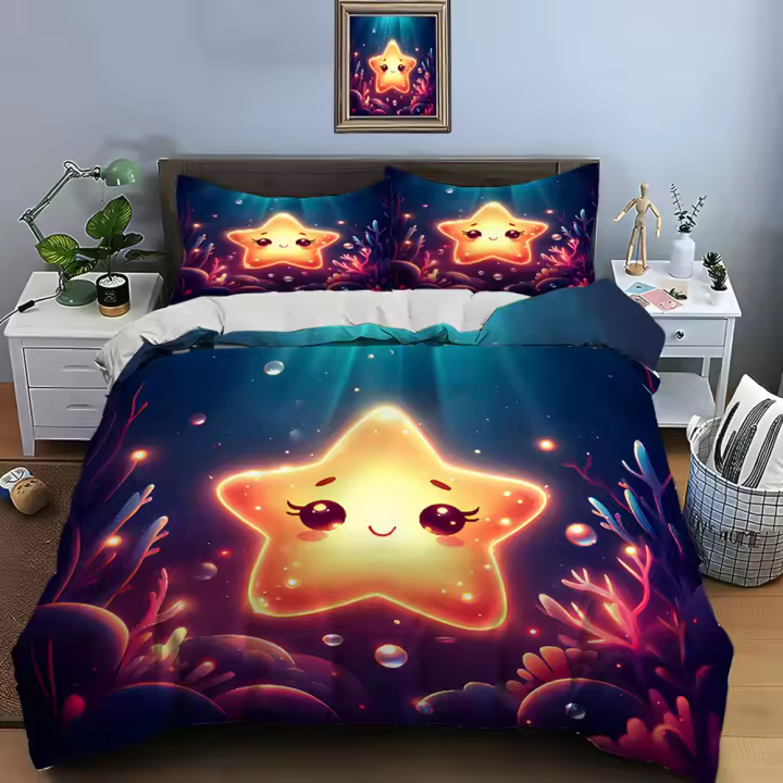 Juego de Ropa de Cama de Estrellas Impresas Cubierta de Edredón, Fundas de Almohada de Poliéster para Adultos y Niños - 1