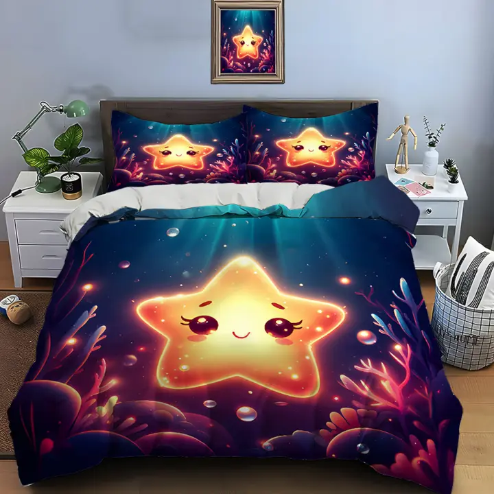 Juego de Ropa de Cama de Estrellas Impresas Cubierta de Edredón, Fundas de Almohada de Poliéster para Adultos y Niños - 1