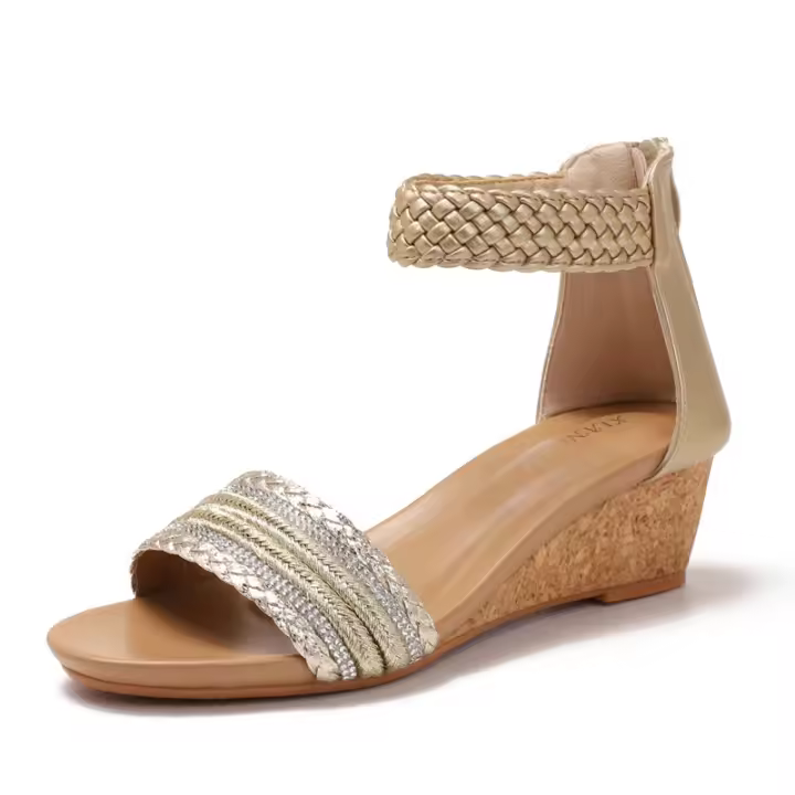 Zapatos romanos tejidos con correa de tacón de cuña, nuevas sandalias de vacaciones de verano con cremallera trasera - 1