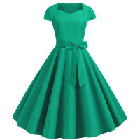 Vestido de fiesta de verano para mujer con cuello cuadrado sólido y cinturón - details 24