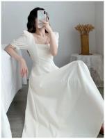 Elegante Vestido Largo Adelgazante para Mujer Manga Abullonada, Cuello Cuadrado, Ligero para el Verano con Falda Blanca Ajustada a la Cintura - details 5