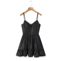 Estilo retro francés verano Spice Girl vacaciones princesa viento malla empalme jacquard liguero vestido cintura delgada falda negra. - details 3