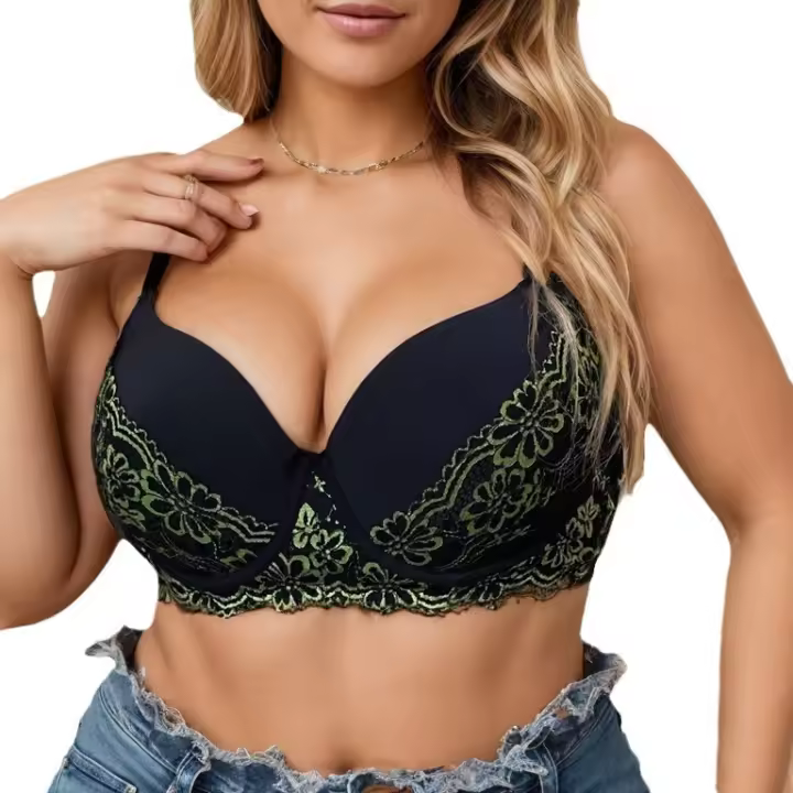 Sujetador transpirable sexy con realce para mujer, estampado floral, talla grande, con ropa interior de acero, copa D - 1