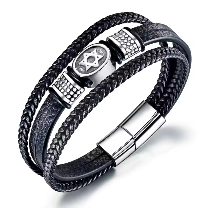 Pulsera tejida multicapa de moda para hombre, pulsera de cuero de acero de titanio con estrella hexagonal - 1