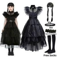 Disfraz de Addams para Niñas Vestido de Fiesta de Halloween con Peluca, Calcetines, Cinturones - details 3