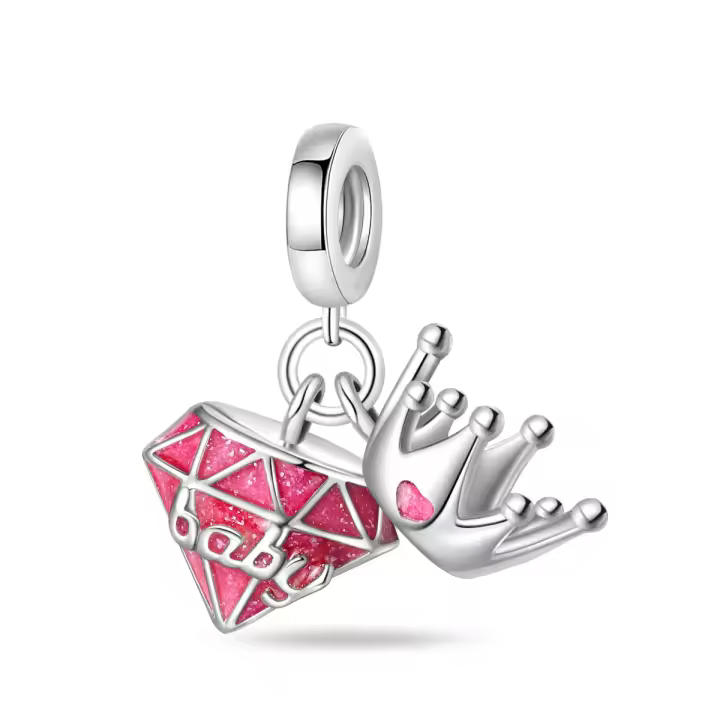 Colgante de Pulsera de Plata Esterlina 925 Serie Rosa de Diamantes Corona de Dama con Cuentas - 1