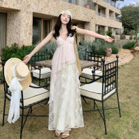 Vestido largo romántico con bordado de industria pesada, tirantes, cuello en V, falda de hadas, falda para vacaciones en la isla - details 1