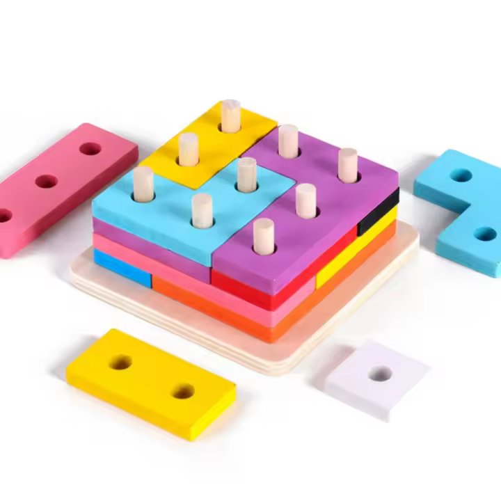 Bloques de construcción de madera para niños, juguete Montessori, figura geométrica colorida, bloques de Pilar, juguetes - 1
