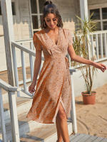 Summer floral print women boho short sleeve v neck split elegant a line party beach dress - details 4