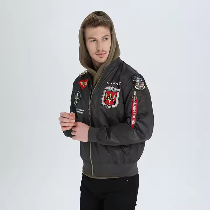 Chaqueta de vuelo de piloto de satén para hombre, cortavientos militar bordado a prueba de viento, primavera fina y verano - 1
