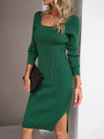 Vestido de punto acanalado para mujer, suéter ajustado con aberturas, elegante, de manga larga, otoño e invierno, 2023 - details 19