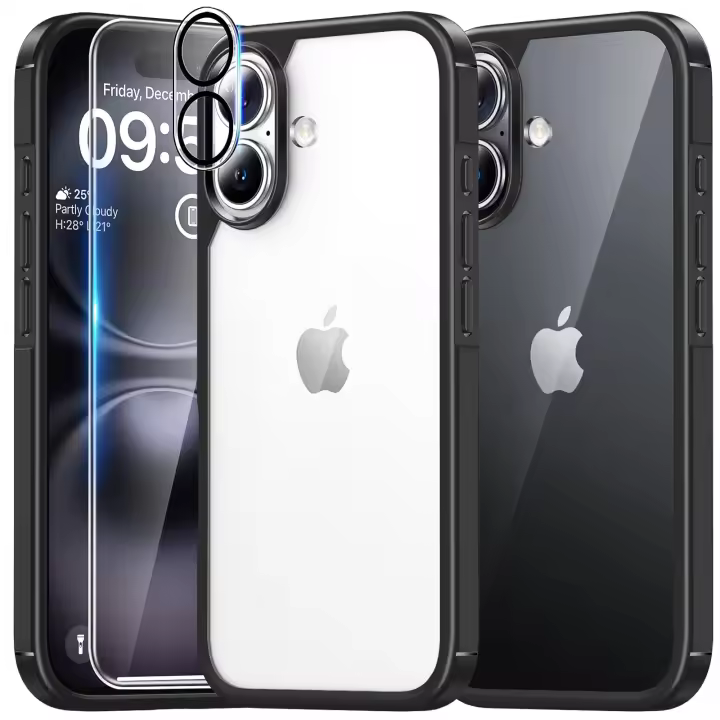 Funda Transparente 5 en 1 para iPhone 16, 2 protectores de Pantalla de Cristal Templado y 2 protectores de Lente de Cámara - 1
