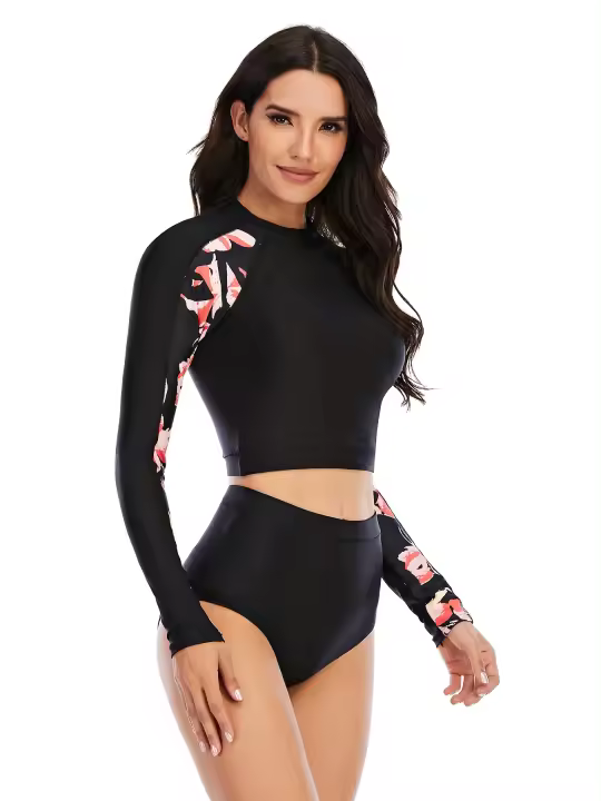 Conjunto de tankini corto de manga larga con estampado floral, cintura alta, corte alto y cuello alto, traje de surf y buceo con - 1